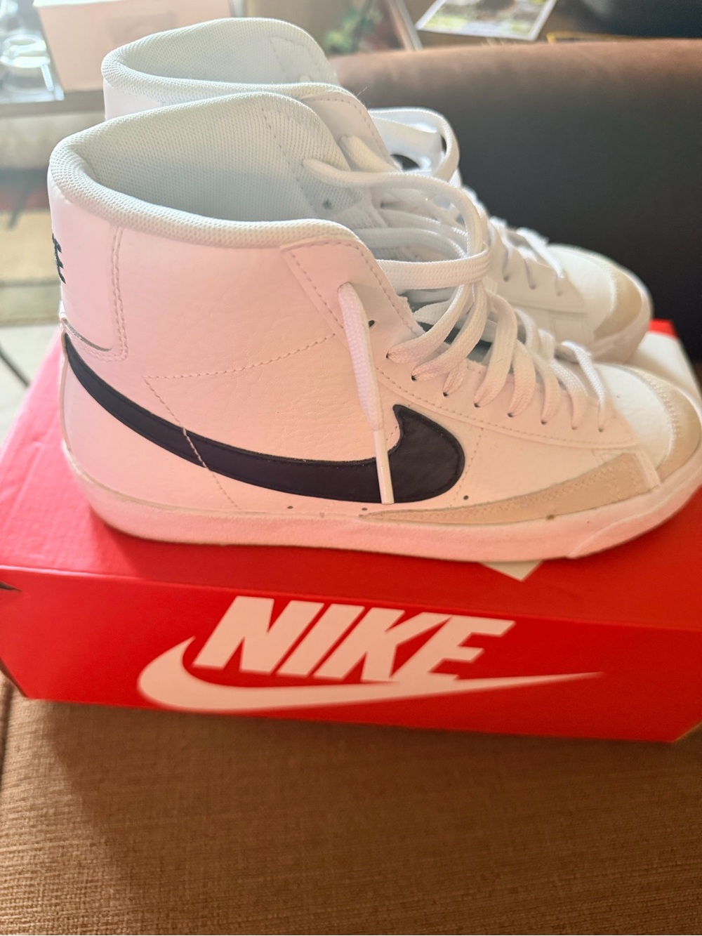Nike Kids Blazer Mid Vintage 77 White High-Top Sneakers with Black Swoosh